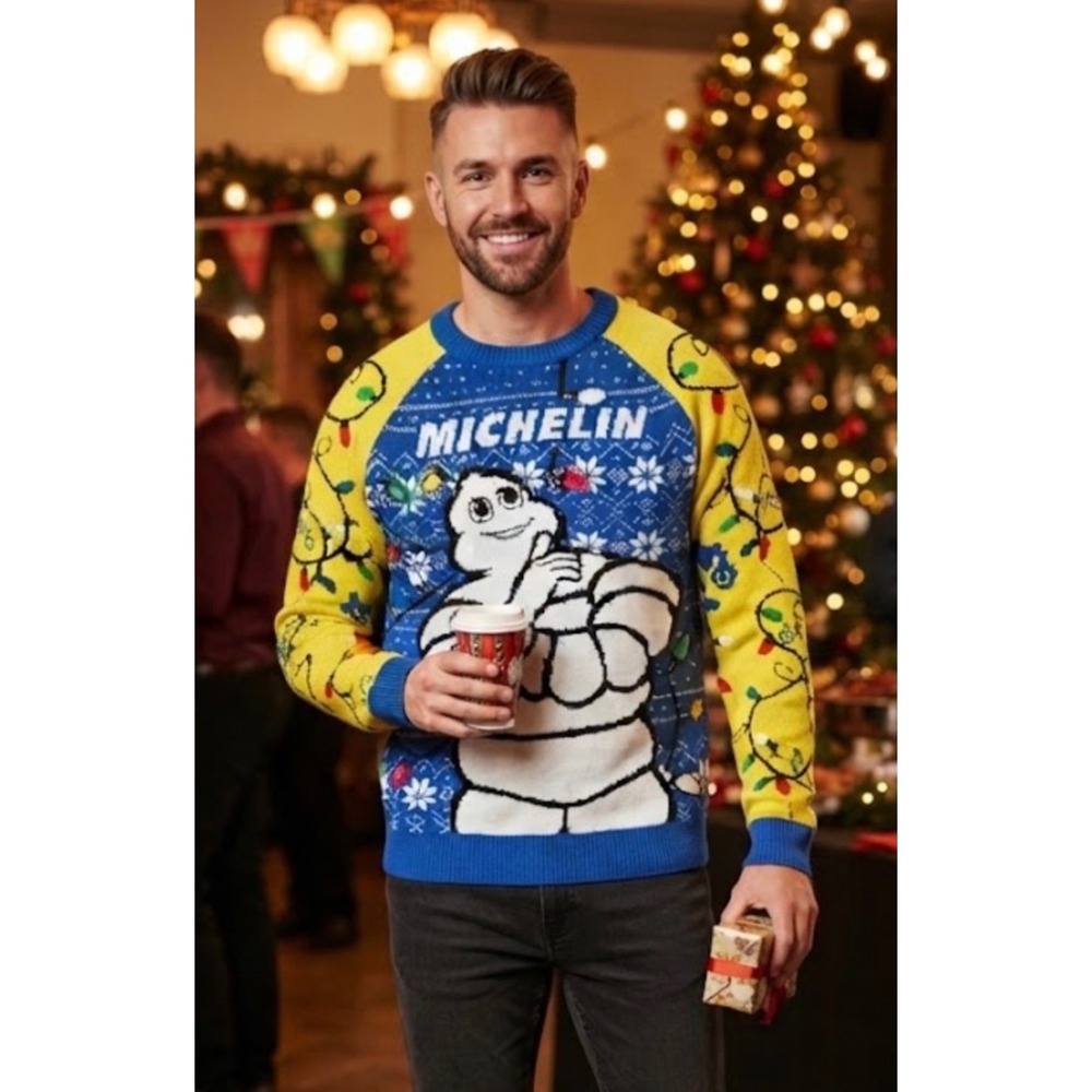 Michelin Man Bibendum Ugly Christmas Sweater Mens 2X Blue Yellow Retro Tire Logo